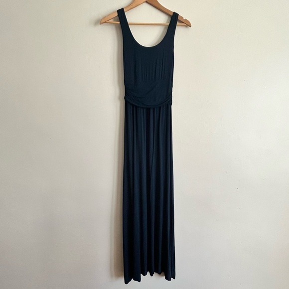 Anthropologie Bailey 44 Navy Blue Maxi Dress Sz Large Slit Scoop Neck Ruched - Picture 6 of 13